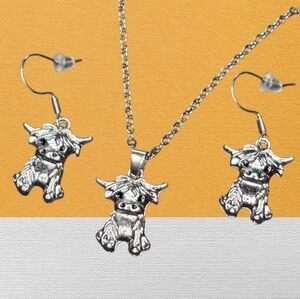 Highland Cow Silver Necklace & Earrings Set Casual Fashion Jewelry Accessories